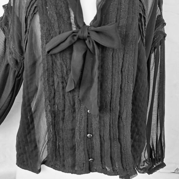 Zara Black Chiffon Tie Neck Top Size Small Balloon Sleeve Sheer Lace - Picture 9 of 9